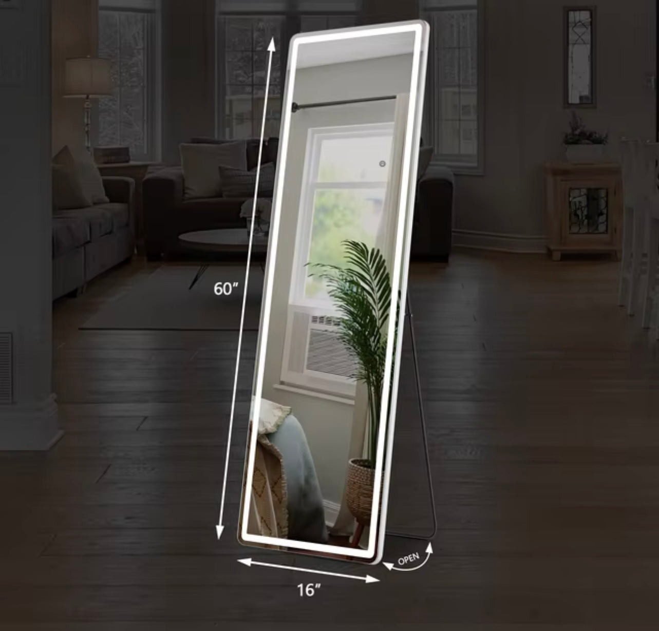 HK 60"x16" Led Dimming Full Length Mirror 3 Color Lighting